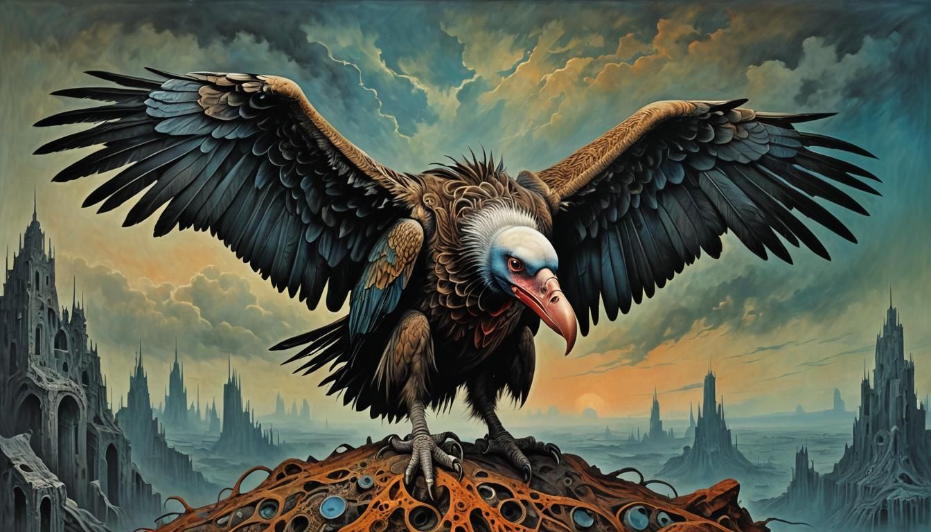 Dystopian Vulture in Surrealist Heavy Metal Style