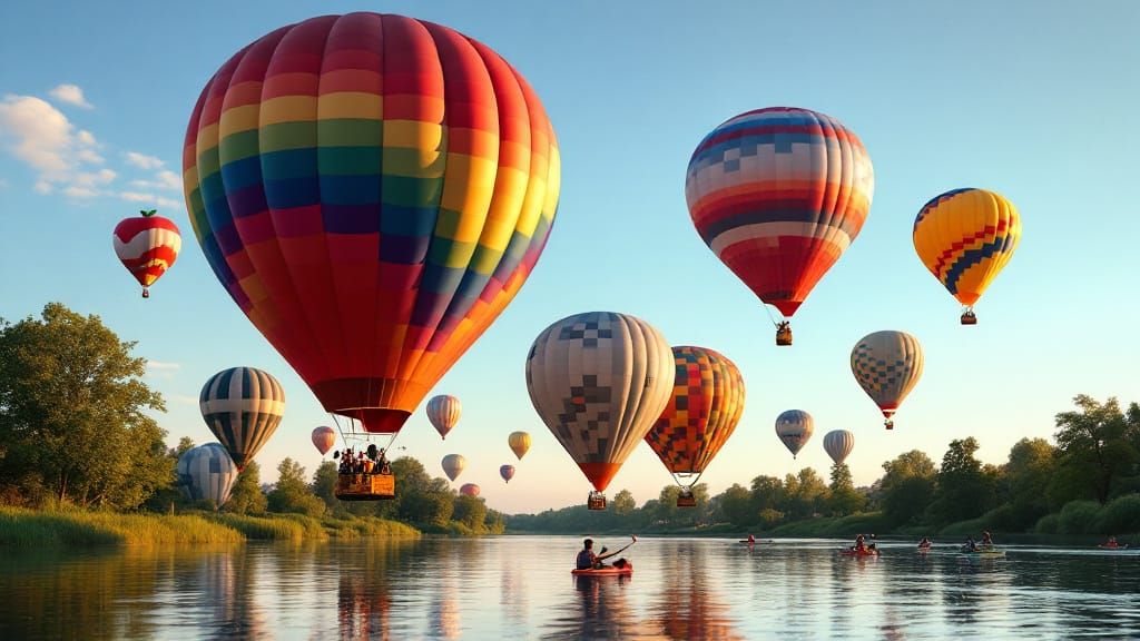 Hot Air Balloons Over Serene River at Sunrise