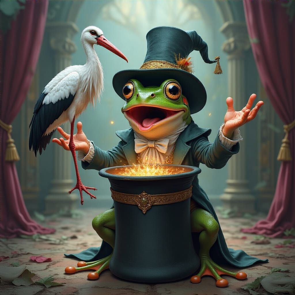 Surprised Frog Magician's Stork: Fantasy Illustration