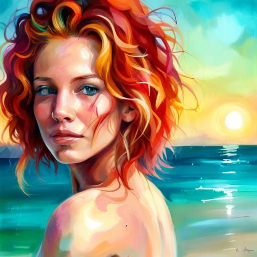 Happy Ginger Girl on Beach in Hyperreal Style