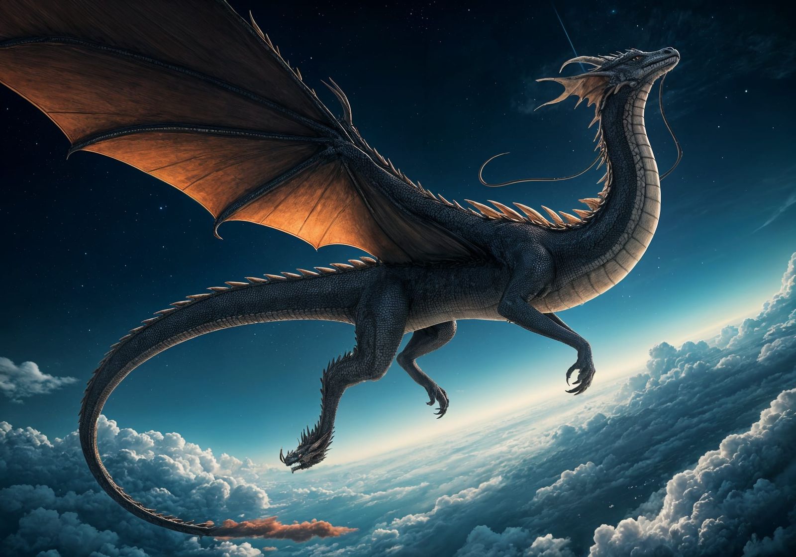 Cyberpunk-Style Dragon Soars Through a Futuristic Sky
