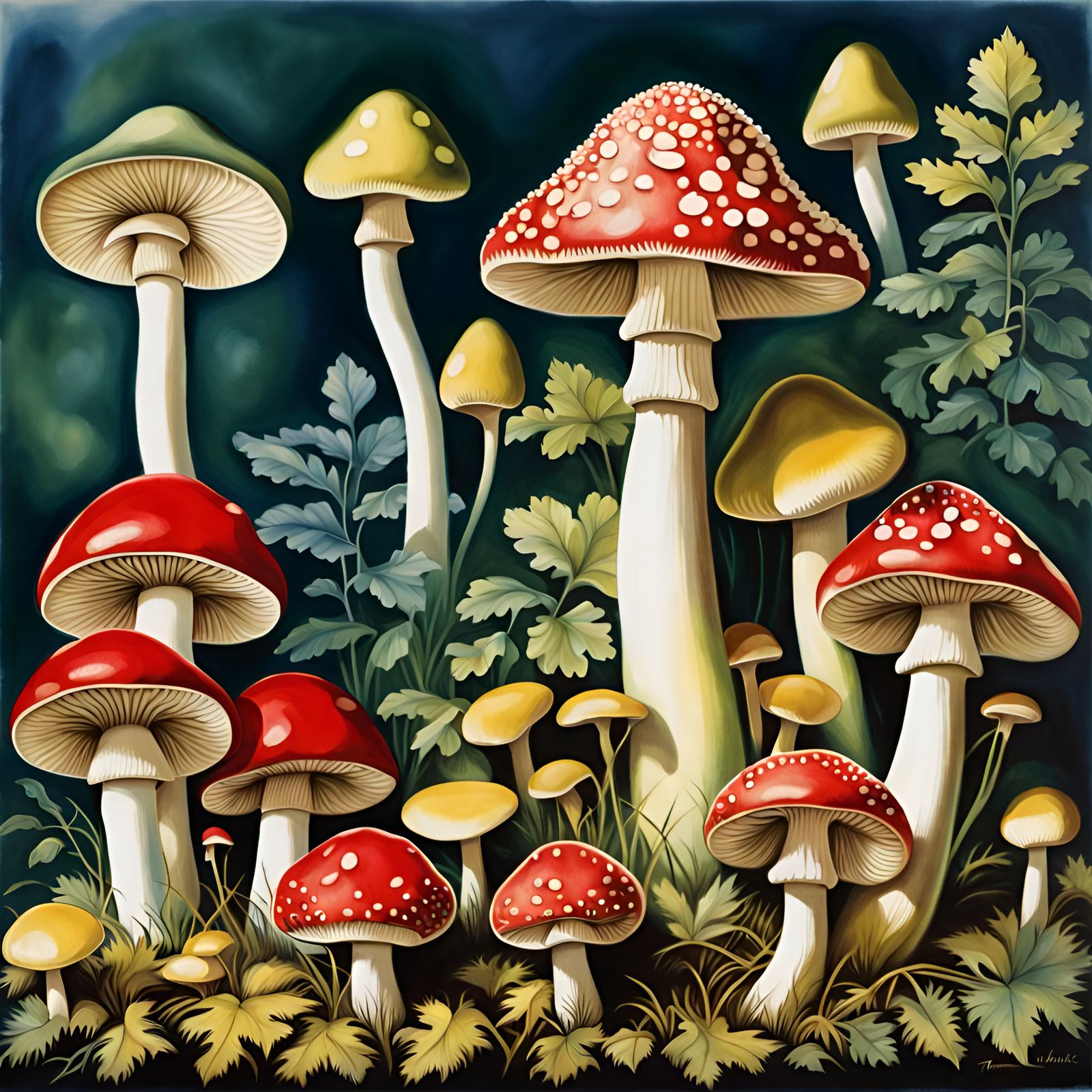 Art Deco Mushrooms in Forest, Cyanotype Style