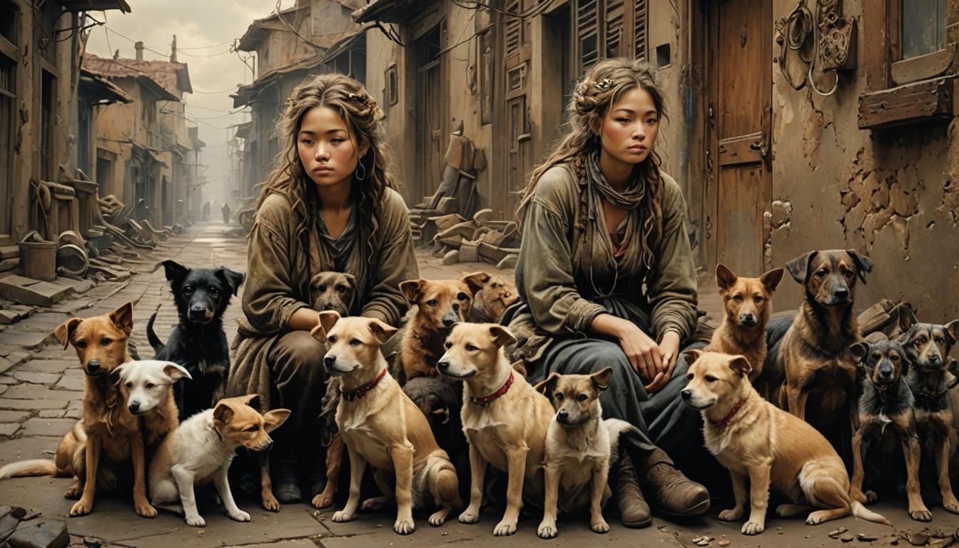 Orphan and Dogs Painting in Surrealist Style