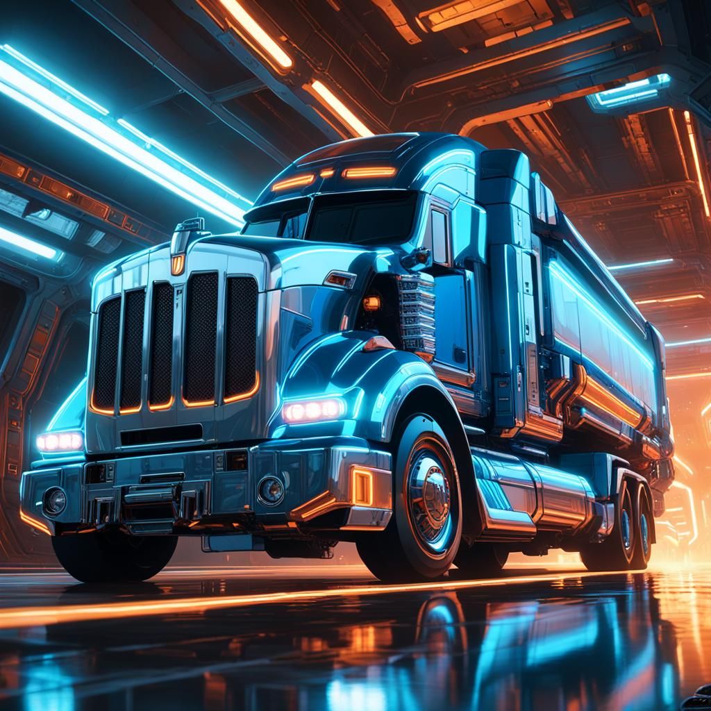 Cyberpunk Space Truck Speeds Through Neon Tunnel