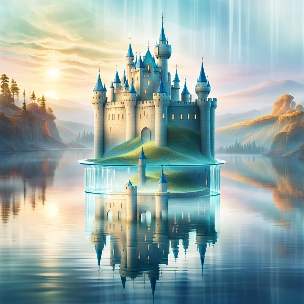 Ethereal Glass Castle on Serene Lake: Fantasy Realism