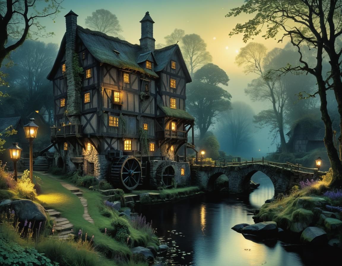Enchanted Watermill Under Nocturnal Skies