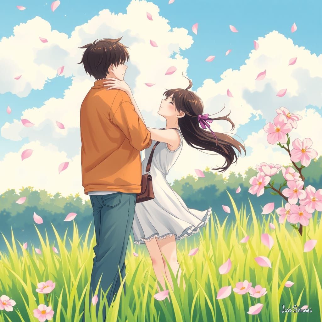 Young Lovers Share Tender Moment in Vibrant 90s Anime Spring...