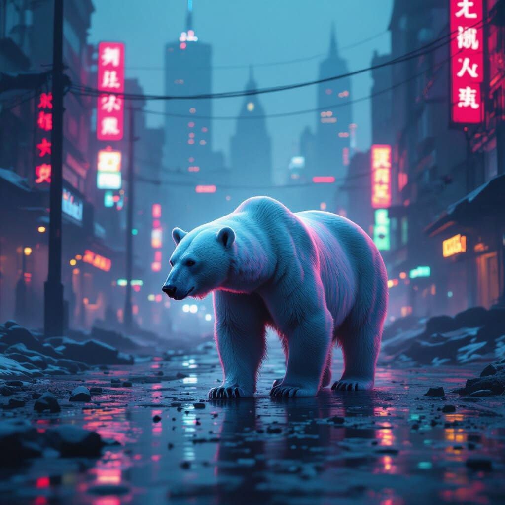 Spectral Polar Bear in Retro-Futuristic Cityscape