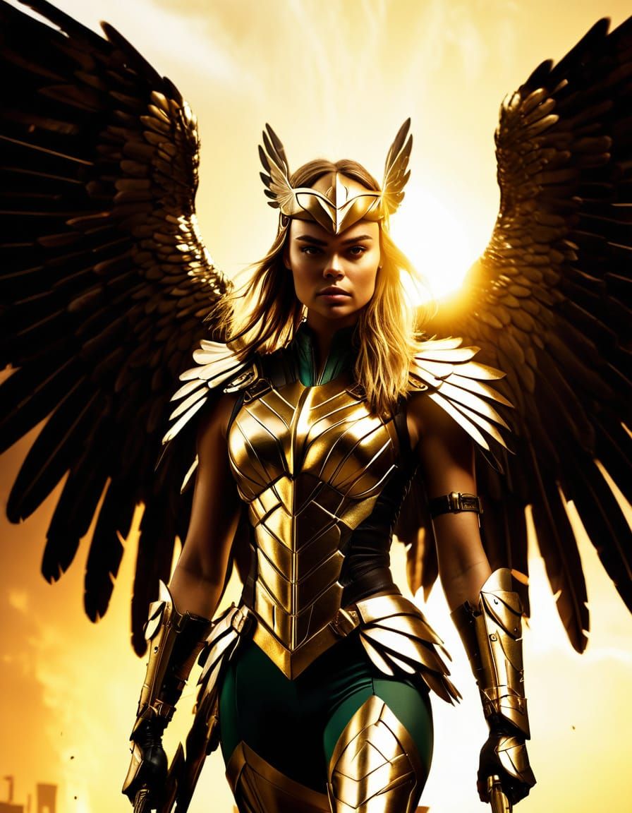 Hawkgirl Superheroine with Metallic Armor and Wings