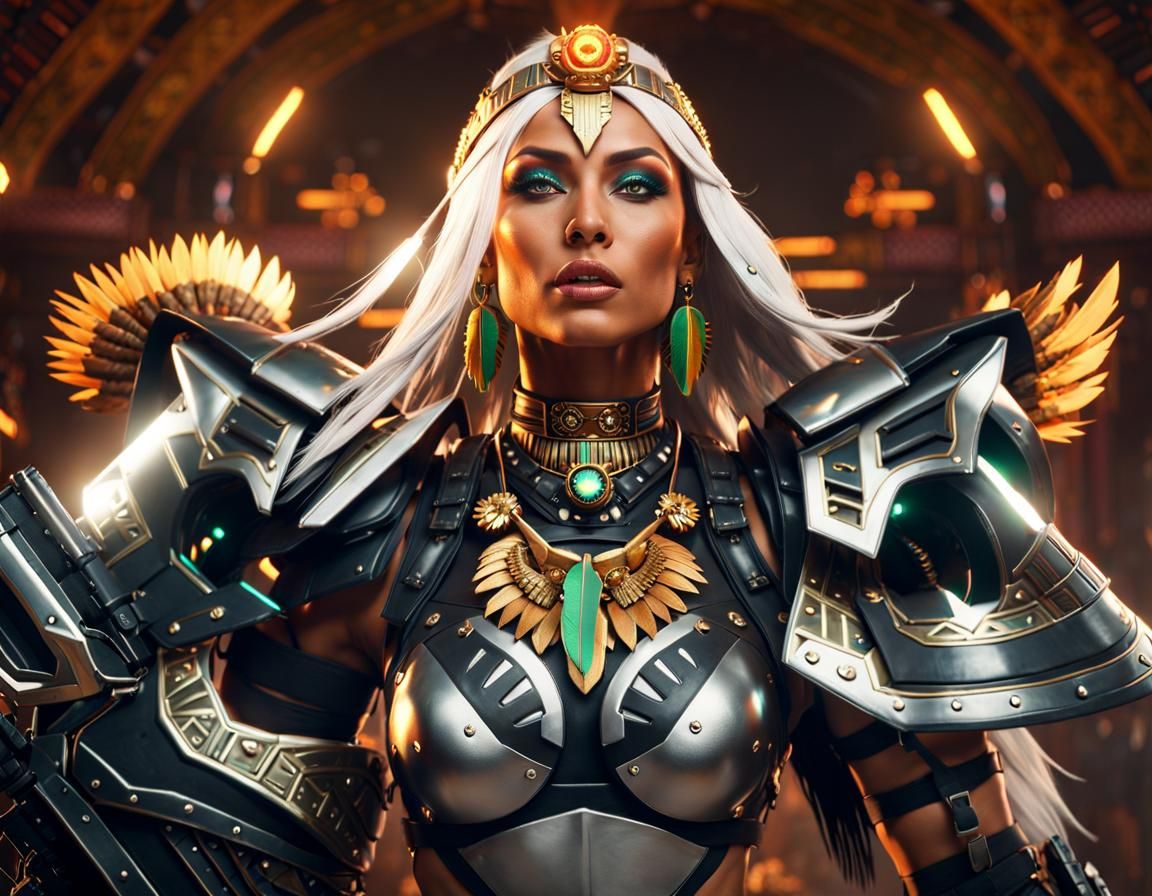 Aztec Warrior Woman in Cyberpunk Servo-Armor