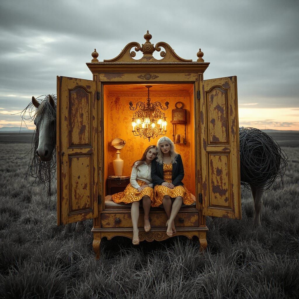 Sisters in Smoked Kadar Wardrobe Amidst Surreal Machine