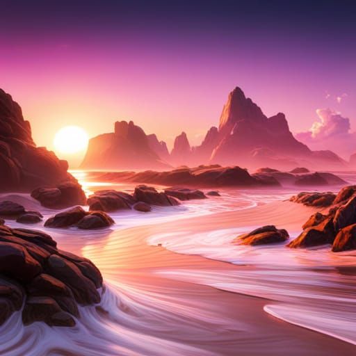 Pink and Orange Sunrise Beach: Fantasy Concept Art