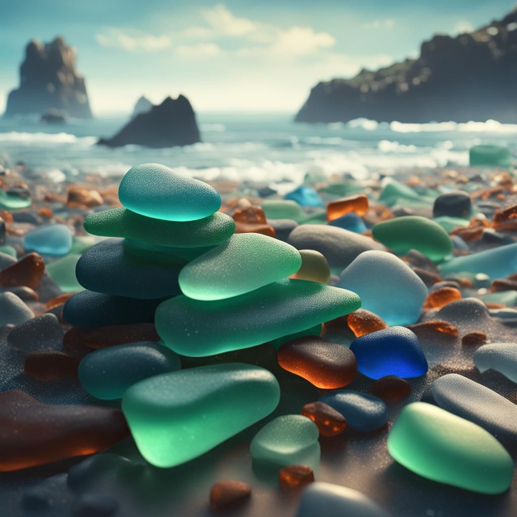 Stacked Sea Glass on the Ocean Shore