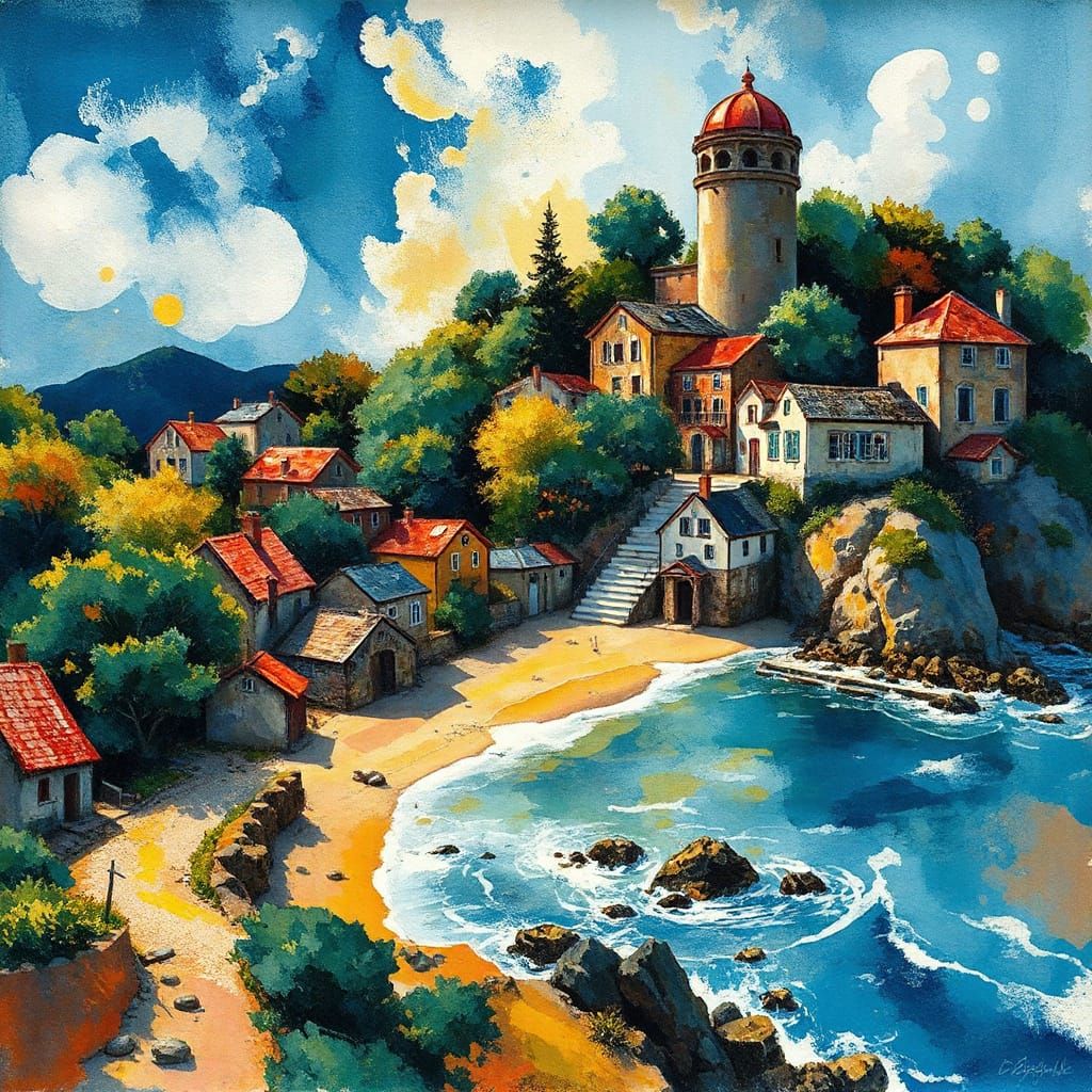 Seaside Village in Abstract Expressionist Watercolor