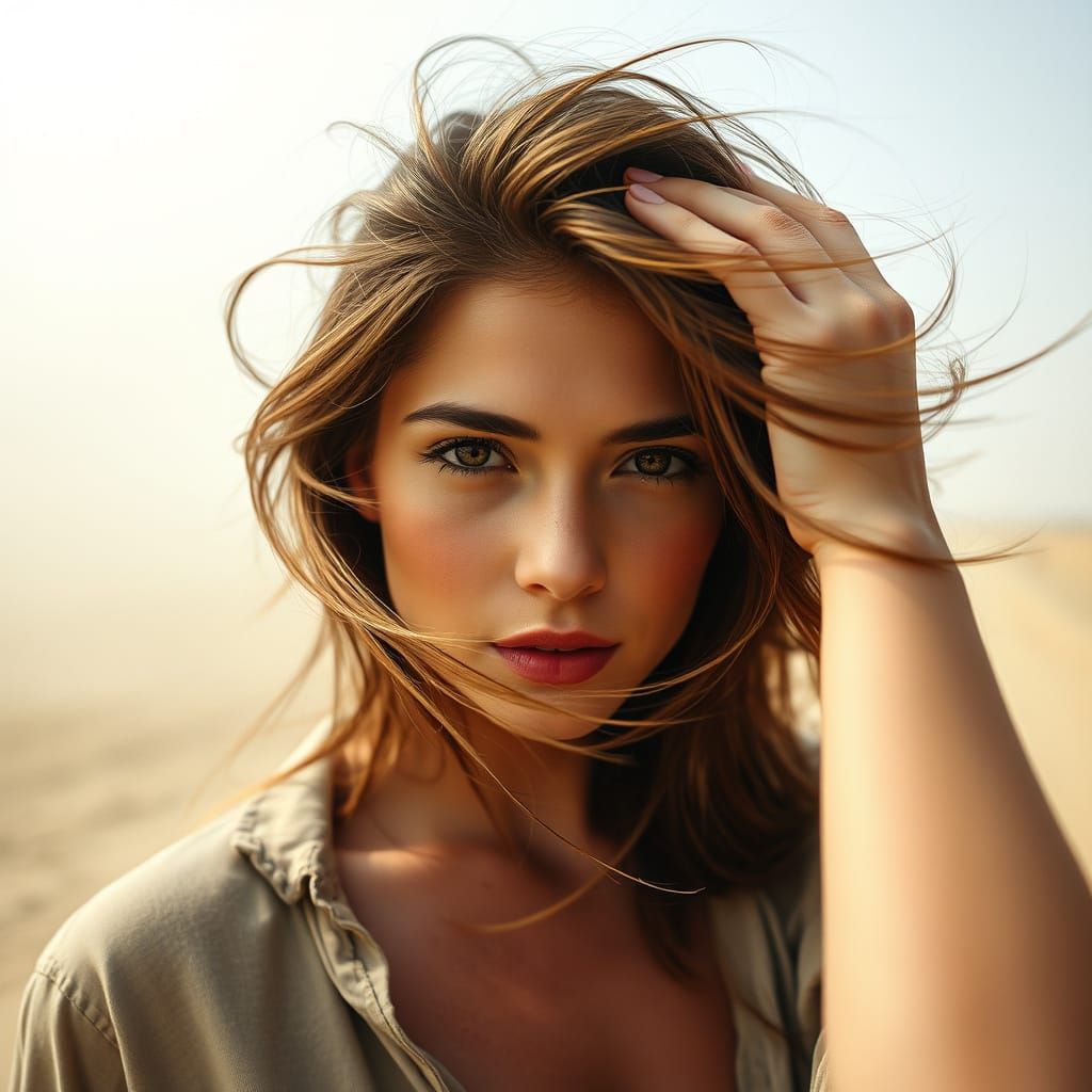 Beautiful Woman in Windswept, Cinematic Portrait