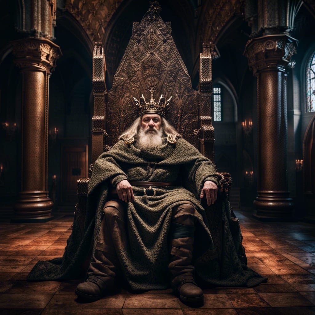 Withered King on Medieval Throne in Colossal Hall