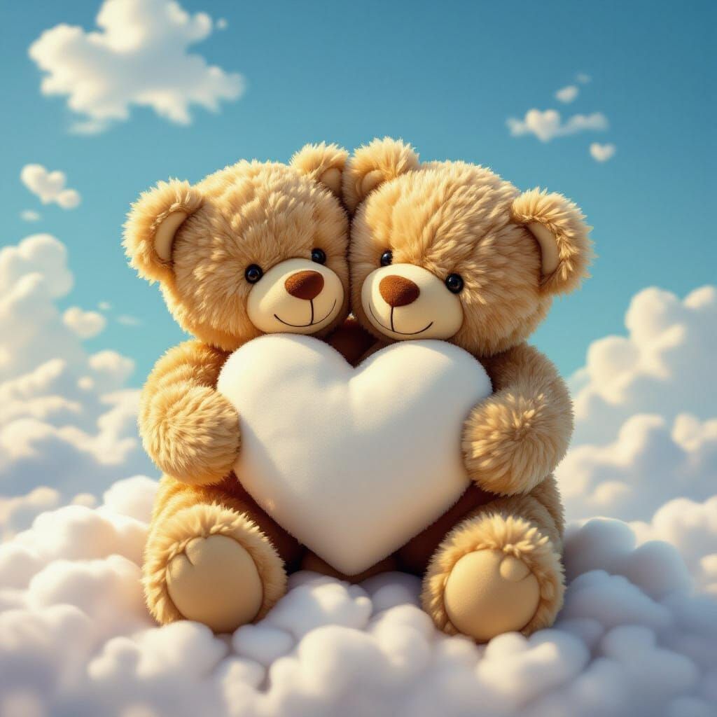 Teddy Bears Hugging Heart Shaped Clouds