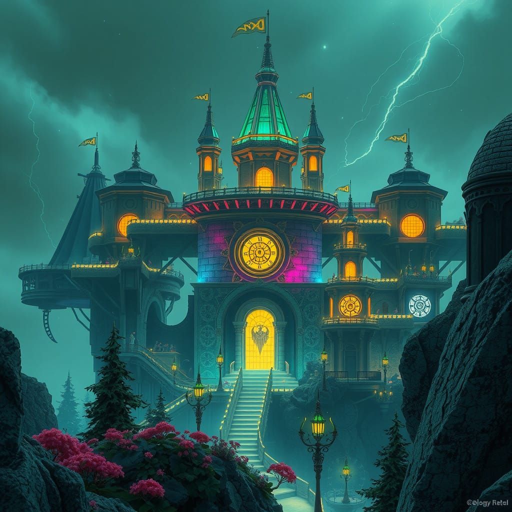 Ethereal Cyberpunk Metropolis in a Realm of Ancient Magic