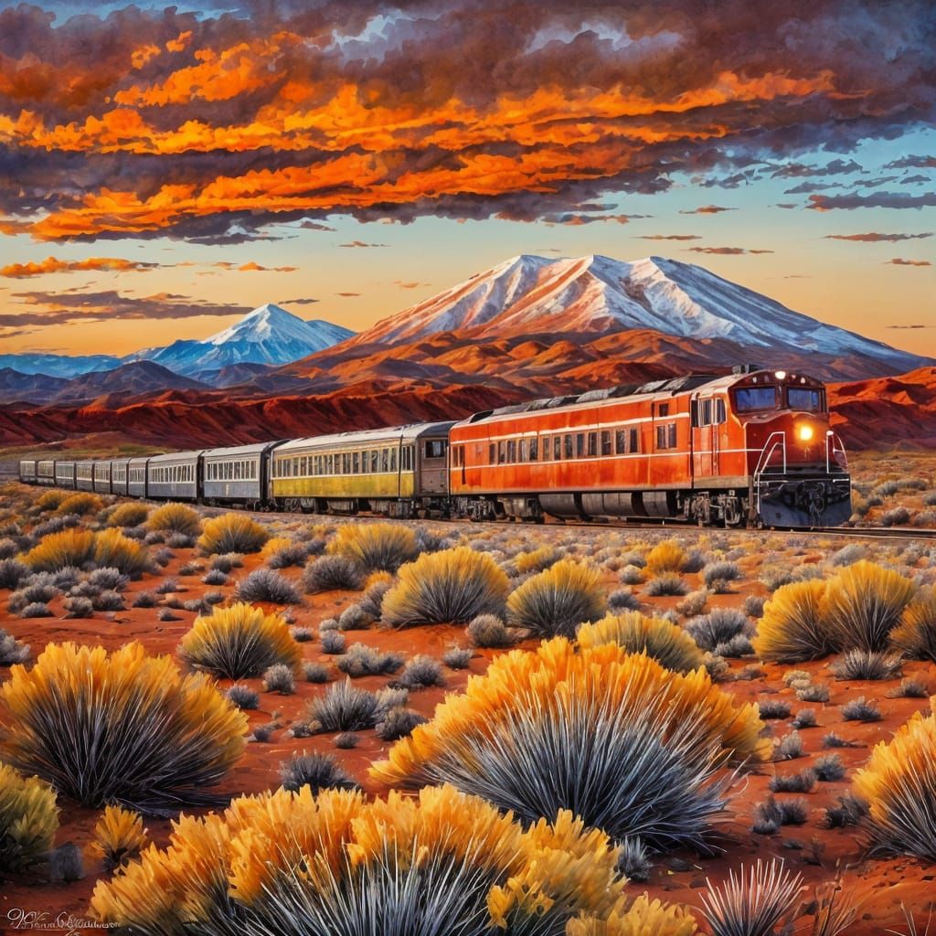 Train Through Painted Desert Watercolor
