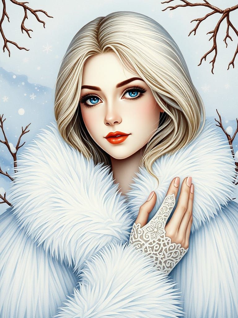 Charming Snow Maiden in White Fur Coat