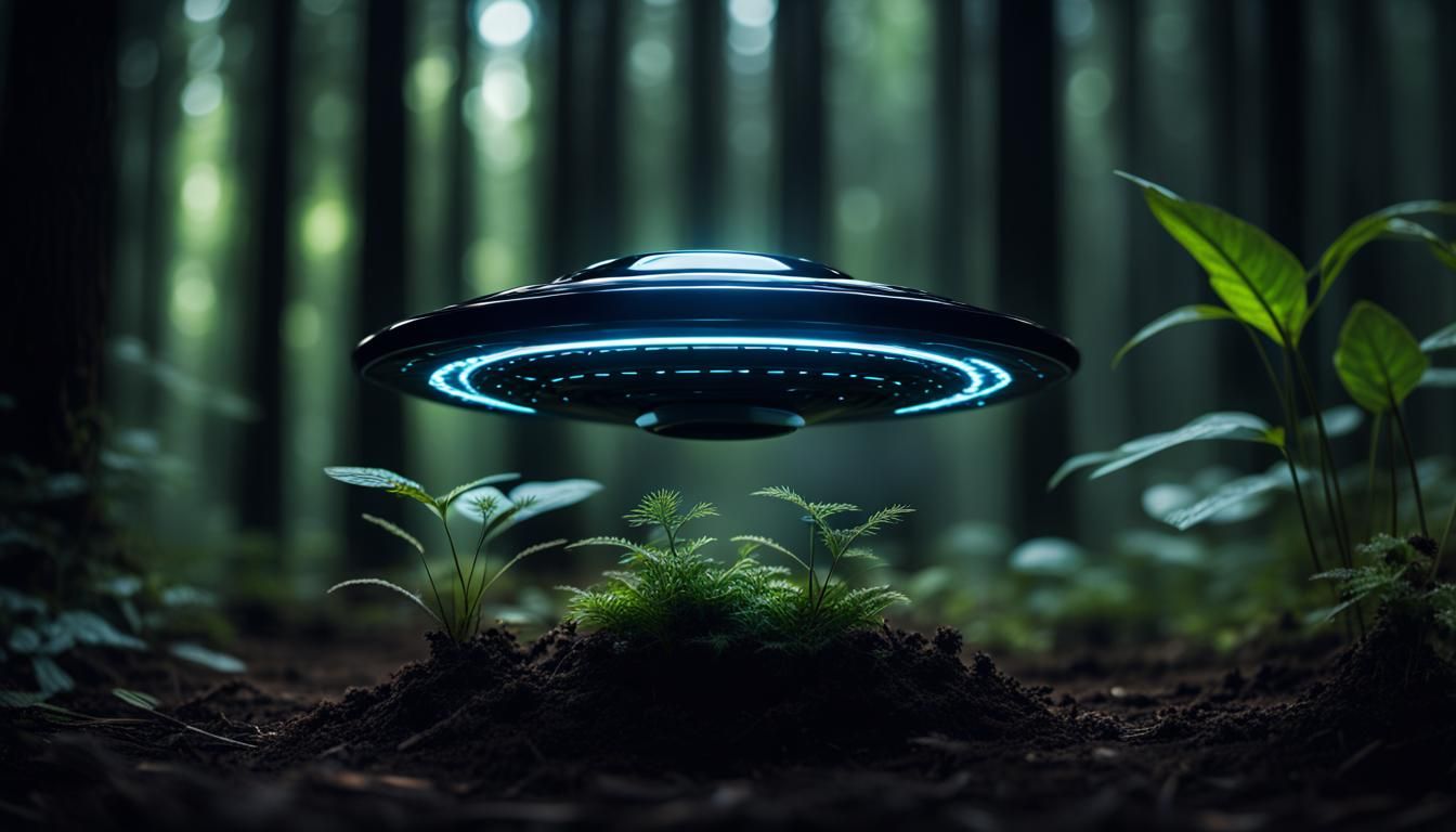 Miniature Neon Flying Saucer in Dark Forest
