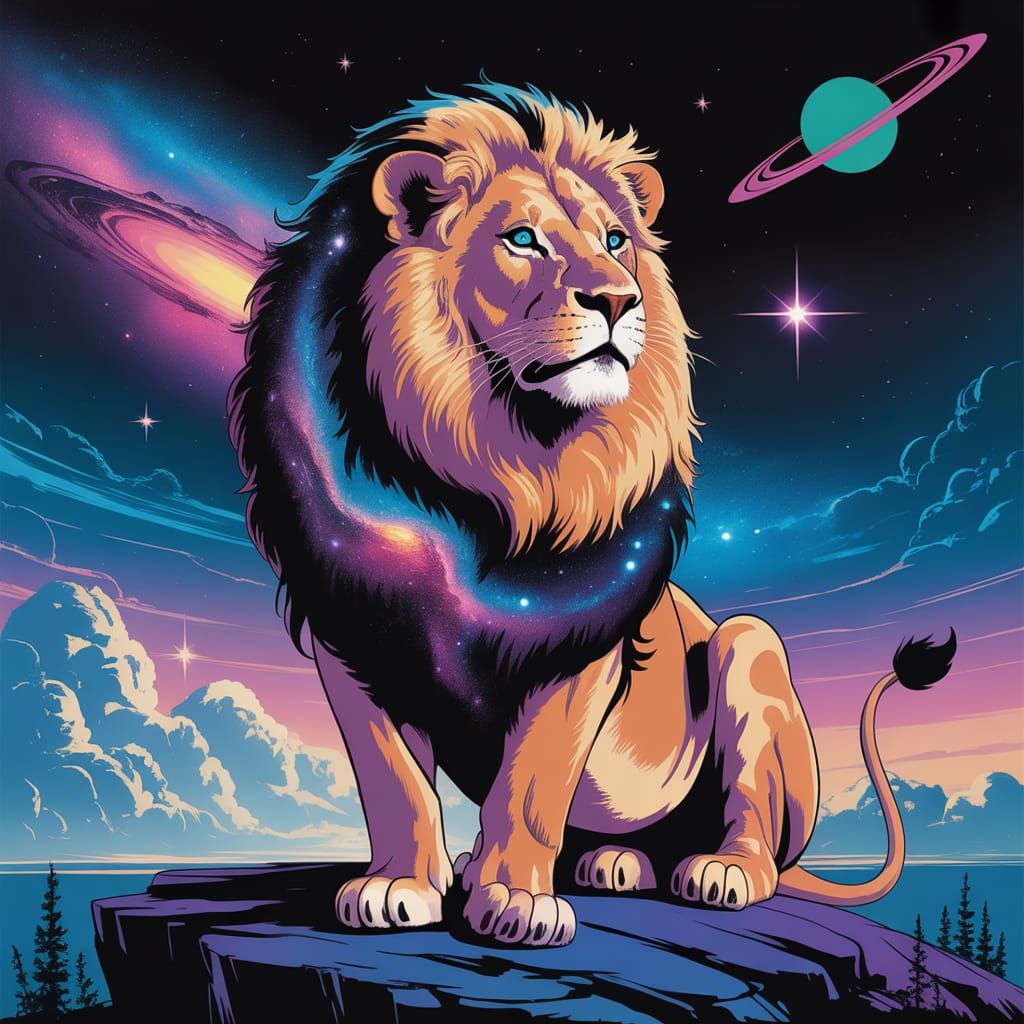 Cosmic Lion Overlooking Nebula in Surrealist Style