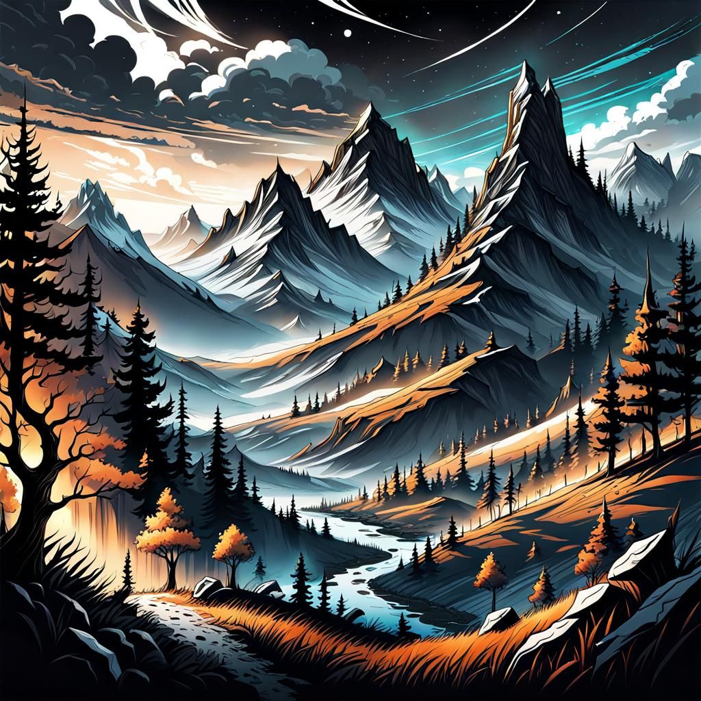 Detailed Black and White Fantasy Landscape Sketch