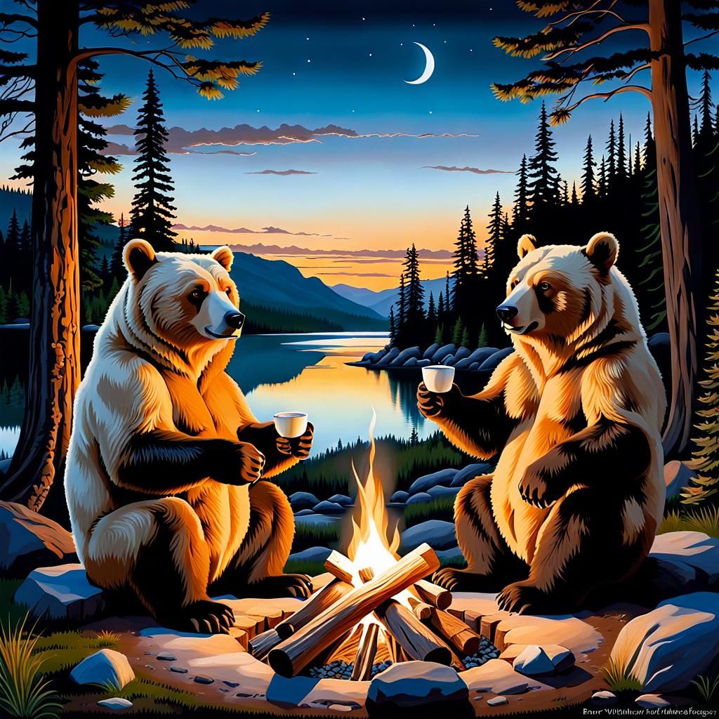 Bears Toasting Marshmallows at Campfire in Twilight