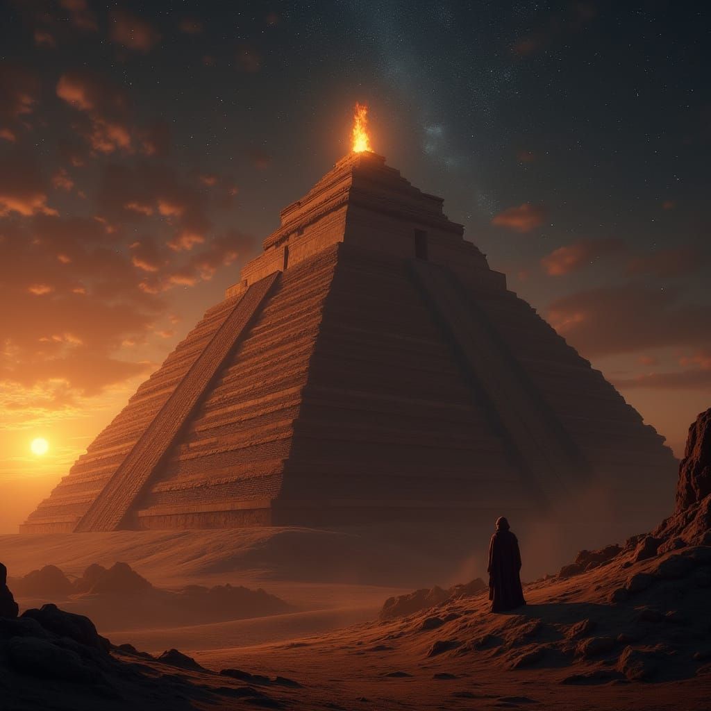Mystical Sumerian Ziggurats at Dusk Under Starry Skies