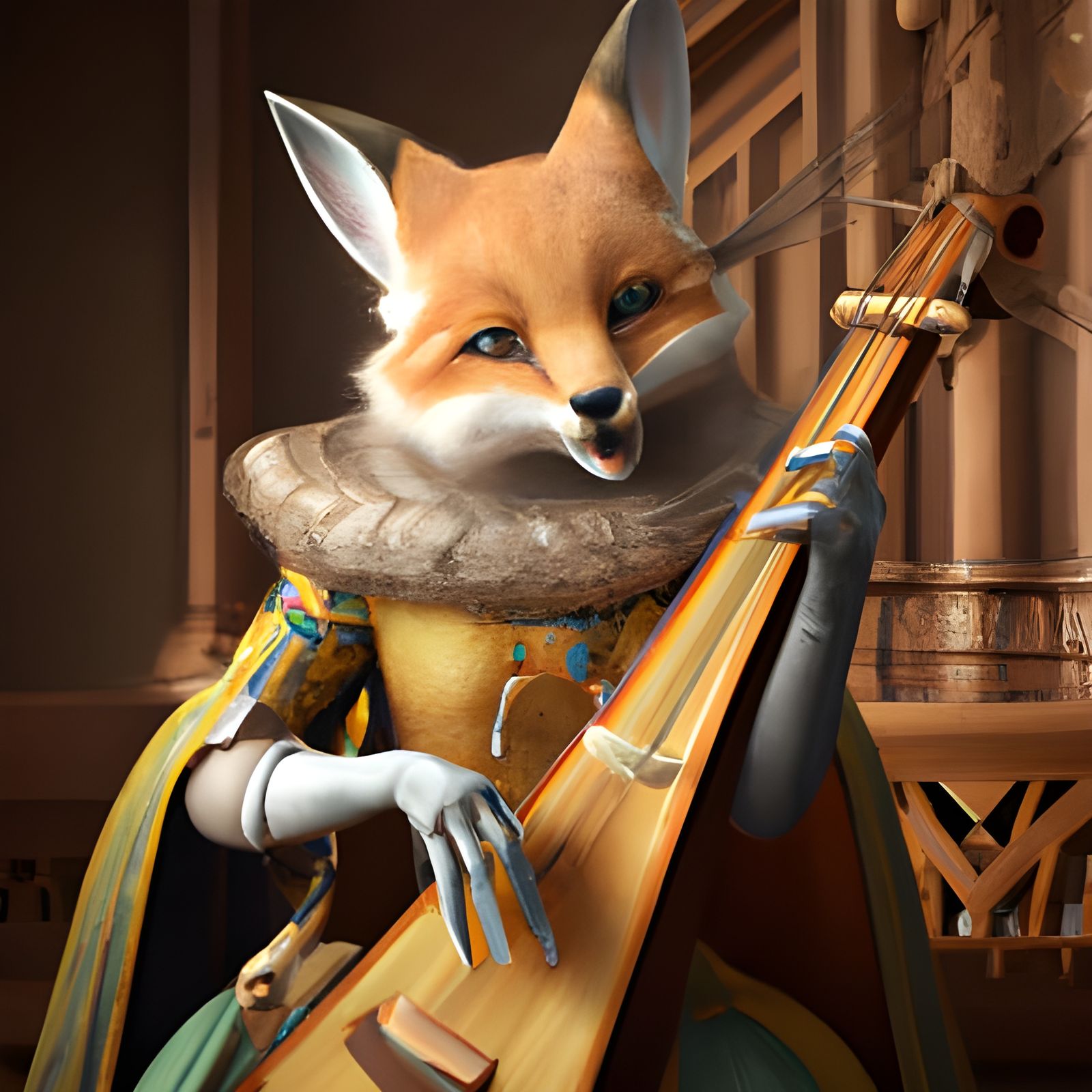Renaissance Golden Fox Playing Harp Portrait
