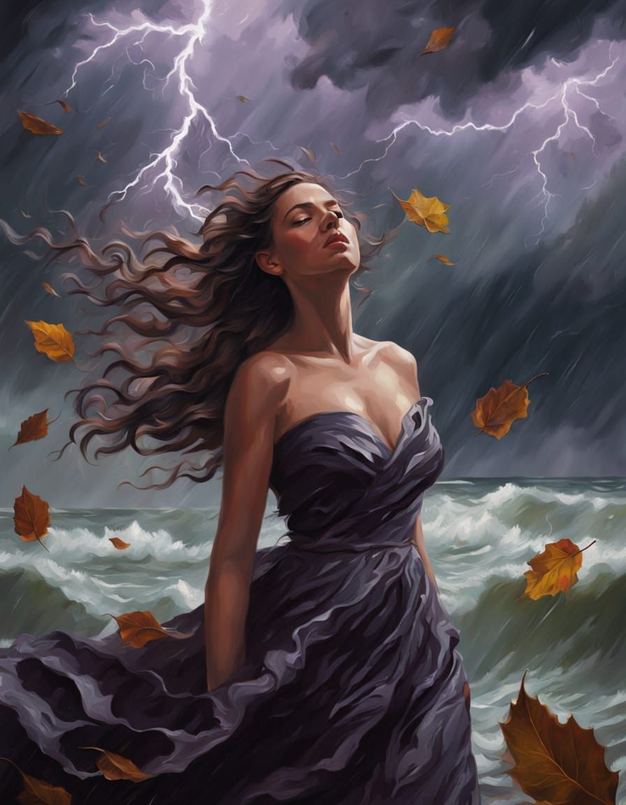 Woman in Storm Portrait: Oil Painting with Dramatic Lighting
