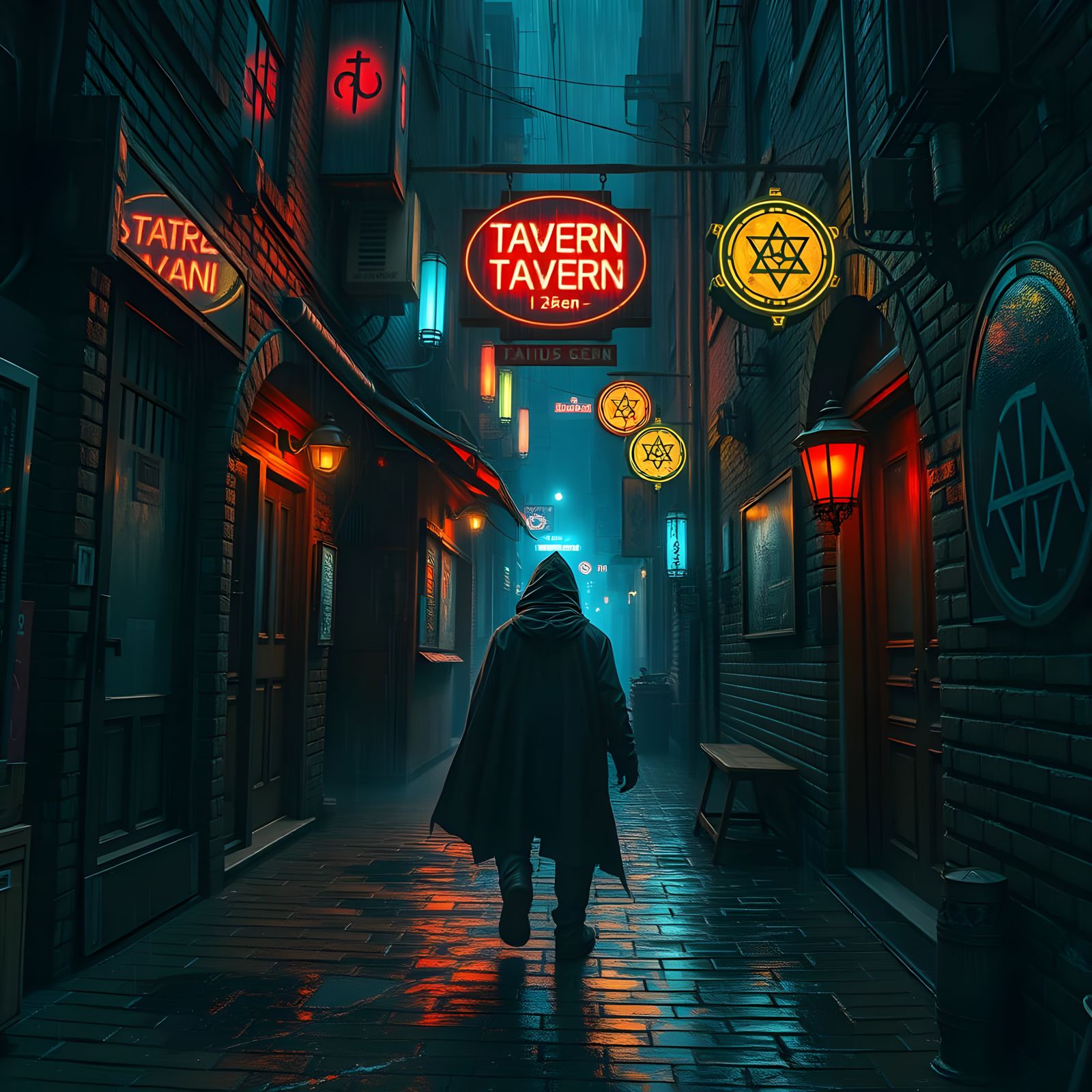 Cyberpunk Traveler at Neon Tavern Entrance