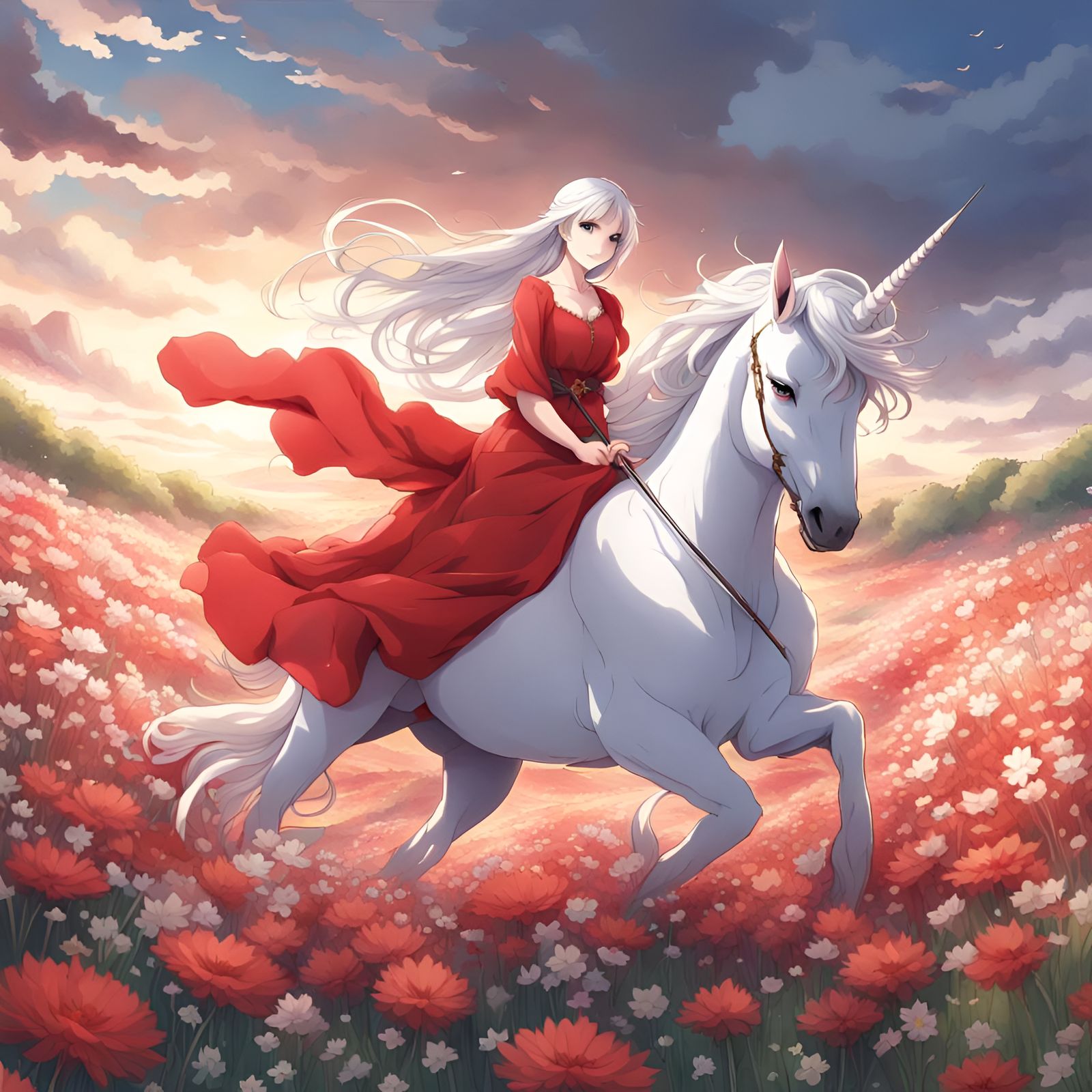 Woman on Unicorn in Flower Field: Anime Style
