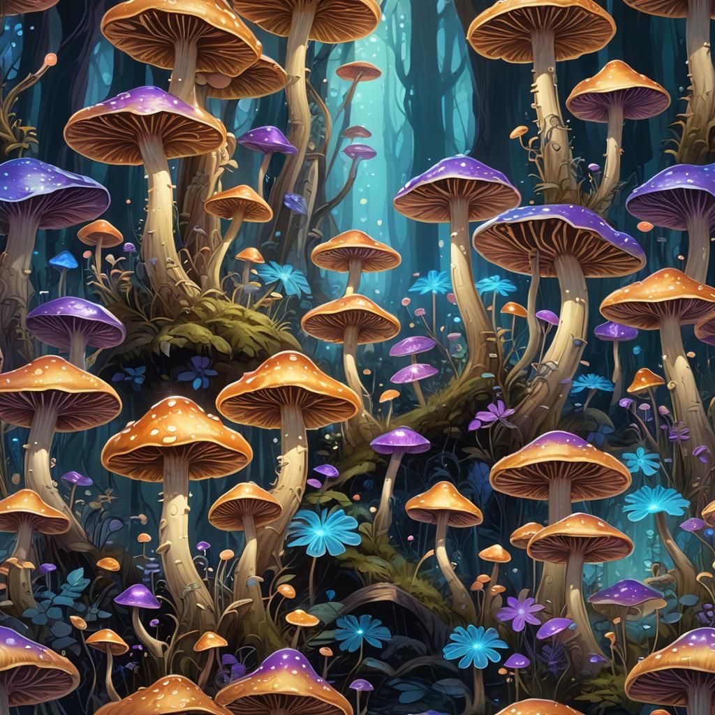Bioluminescent Mushroom Grove in Art Nouveau Style