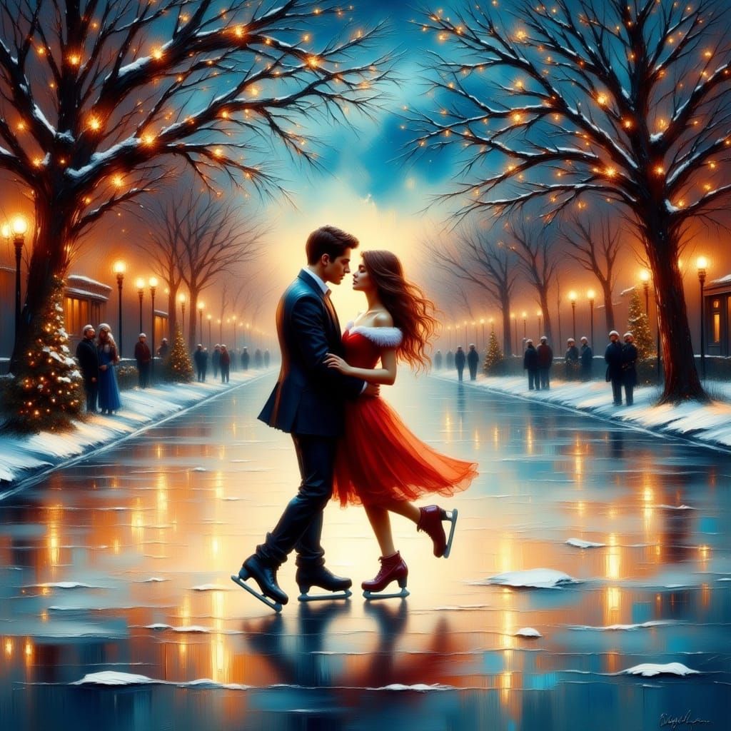 Couple Ice Skating Under Christmas Lights in Oil Painting St...