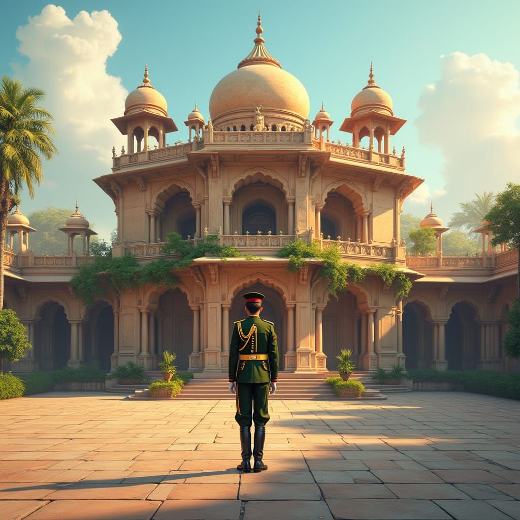 Indian Army Soldier Salutes in Front of Majestic Military Of...