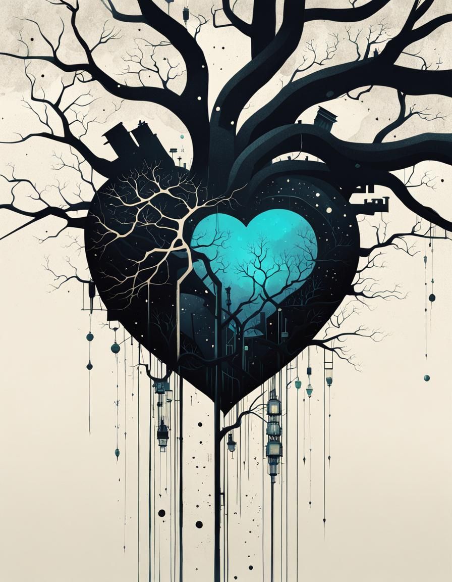 Cybernetic Heart Ink Drawing in Surreal Style