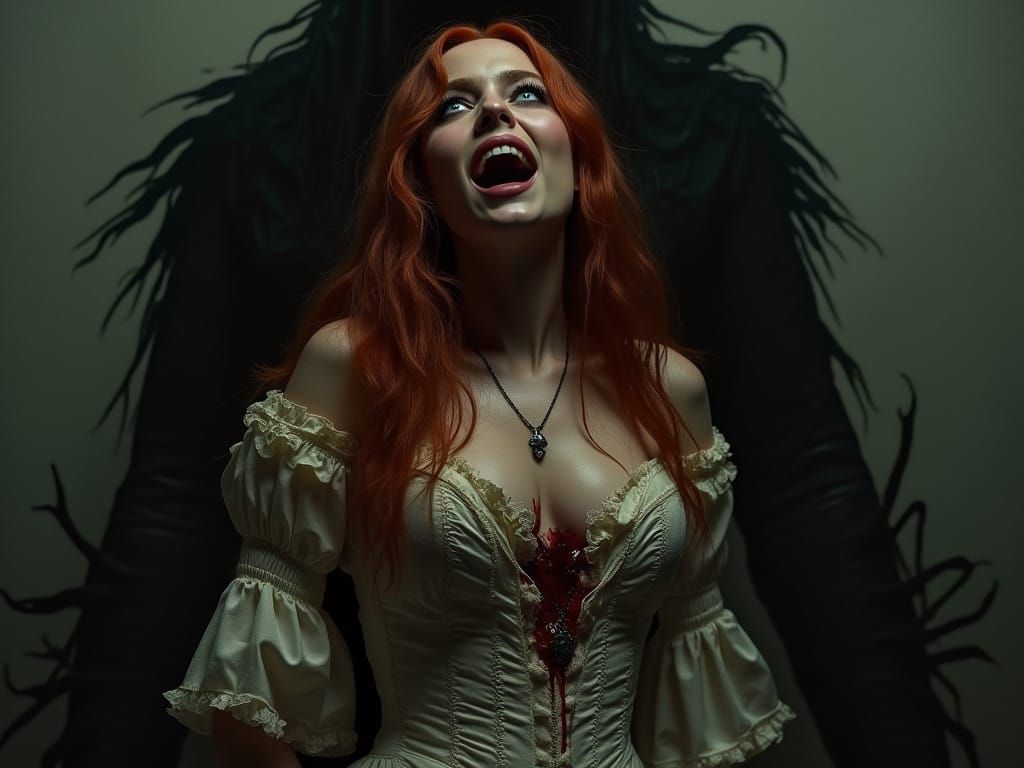 Ethereal Woman Tormented by Dark Figure in a Cinematic Horro...