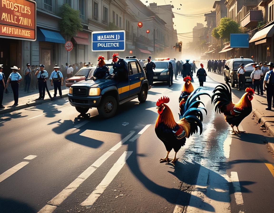 Roosters Protest on Road in Detailed Matte Painting