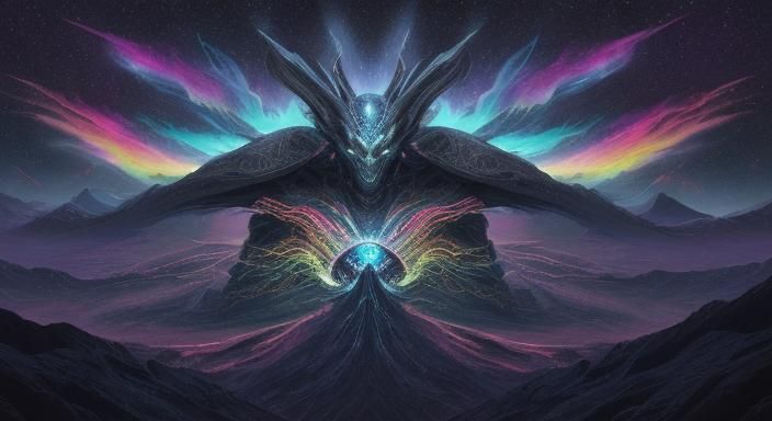 Aztec God Battles Galaxies in Surreal Digital Art
