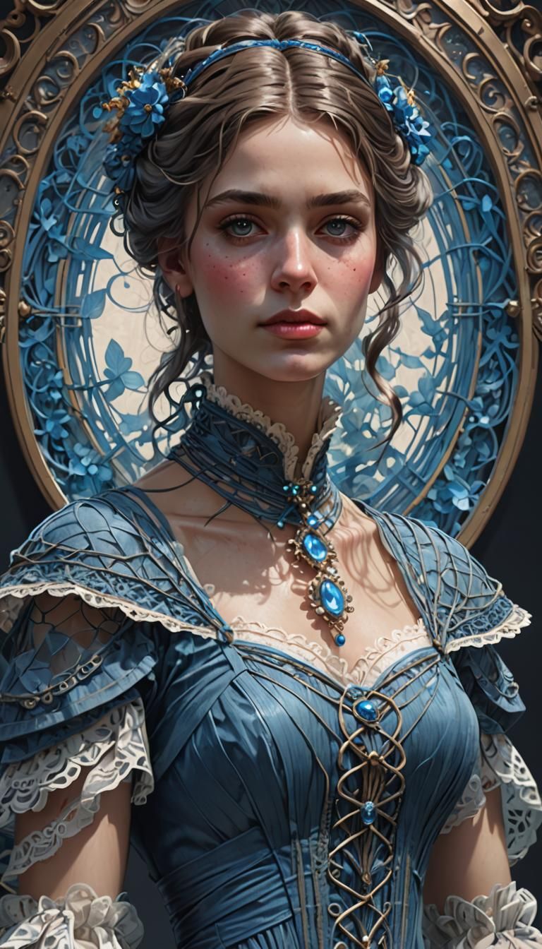 Victorian Woman in Blue String Dress: Hyperdetailed Portrait