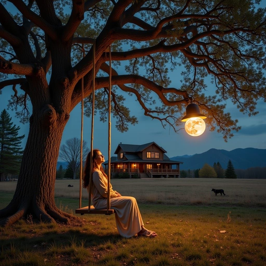 Country Woman Under Moonlight in Peaceful Scene