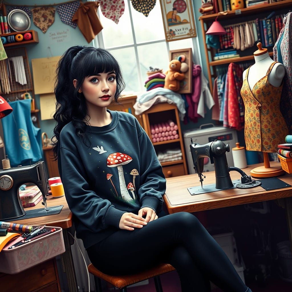 Cozy Sewing Room Scene in Whimsical Style