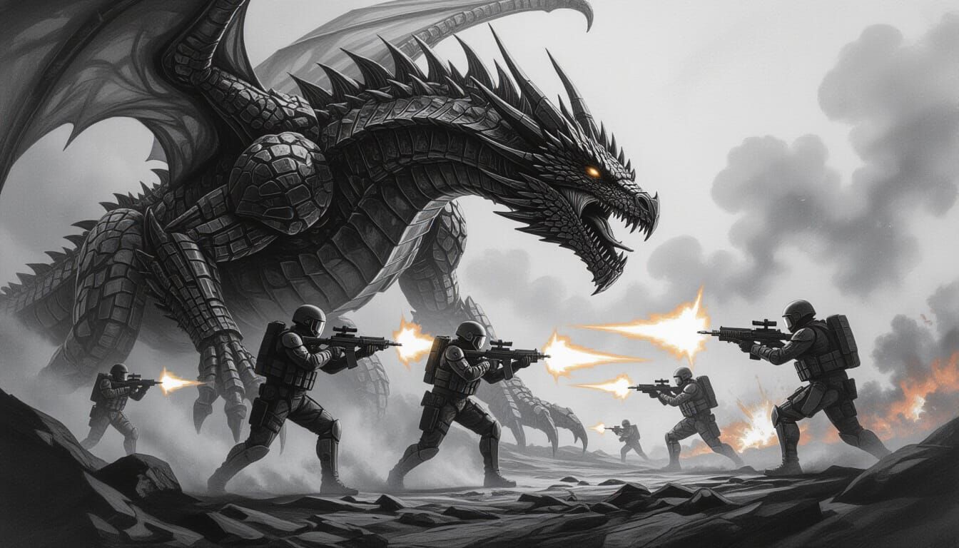 Soldiers Battle Colossal Dragon in Dark Fantasy Art Style