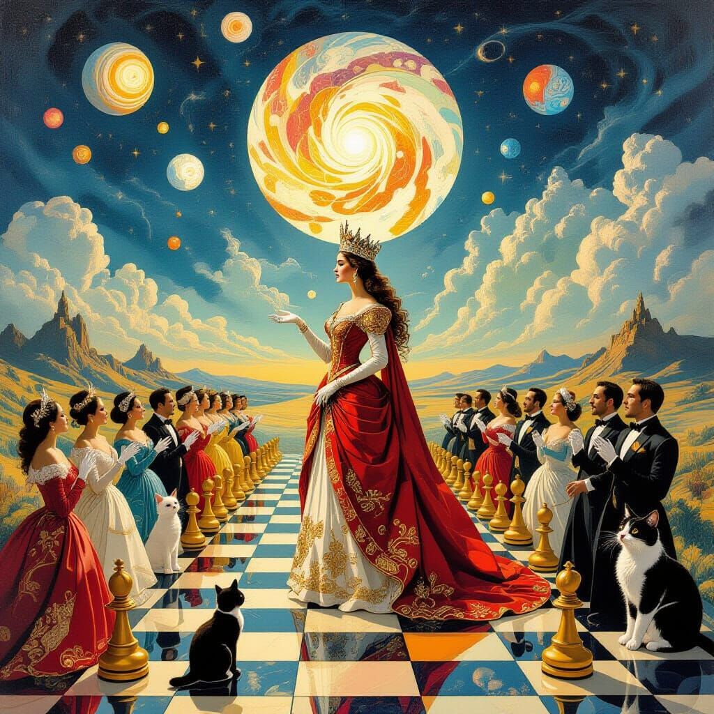 Surreal Queen Leads Opera Singers and Cats in Dreamscape