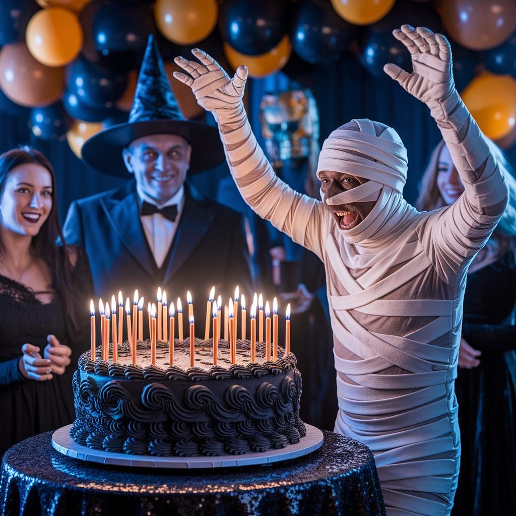Jovial Mummy Celebrates Birthday with Witch and Vampire