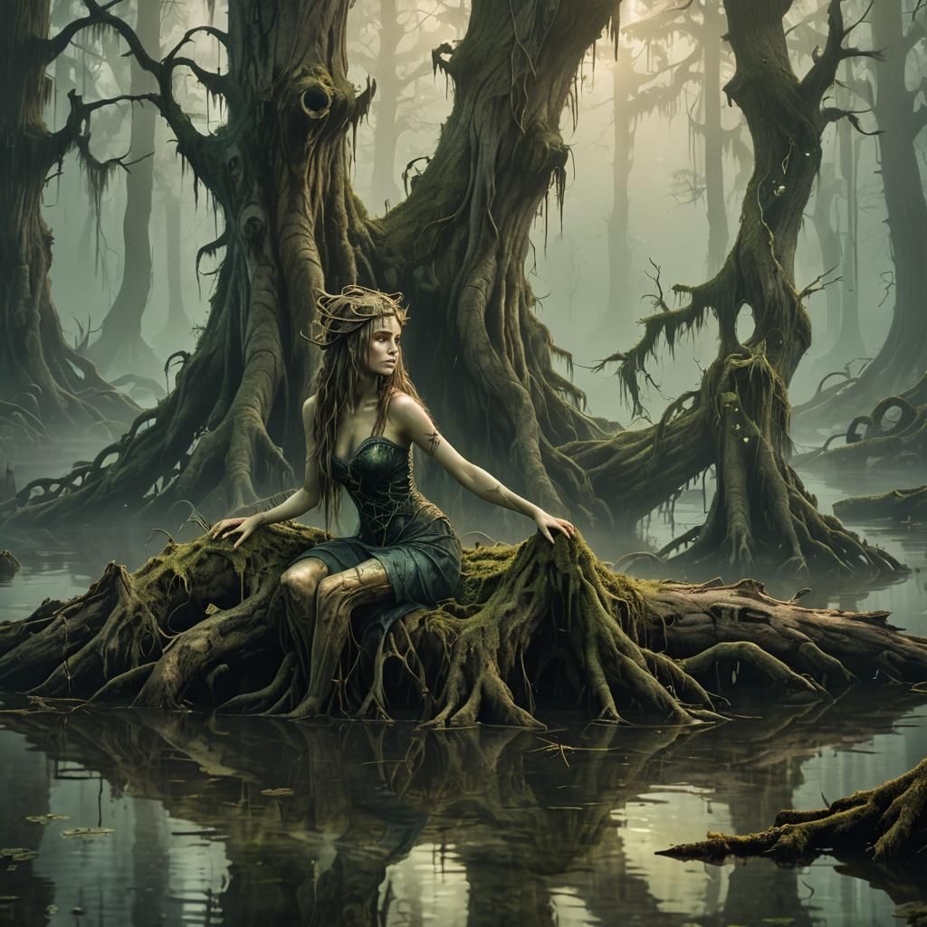 Eerie Siren in Misty Swamp: Dark Fantasy Illustration