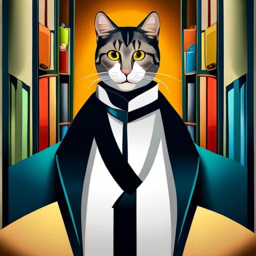 Intricate Illustration of a Cat Librarian