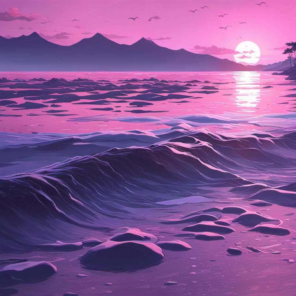 Pink Sunset Shoreline in 3D Anime Style