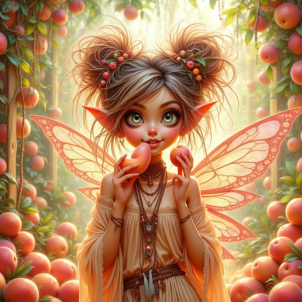 Whimsical Fairy Eating Peaches in Digital Art Style